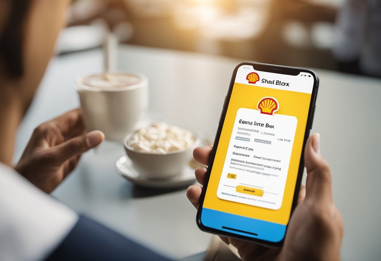 Uma pessoa usando um smartphone para se inscrever no Shell Box em uma agência do Banco Inter, com um logo da Shell visível.