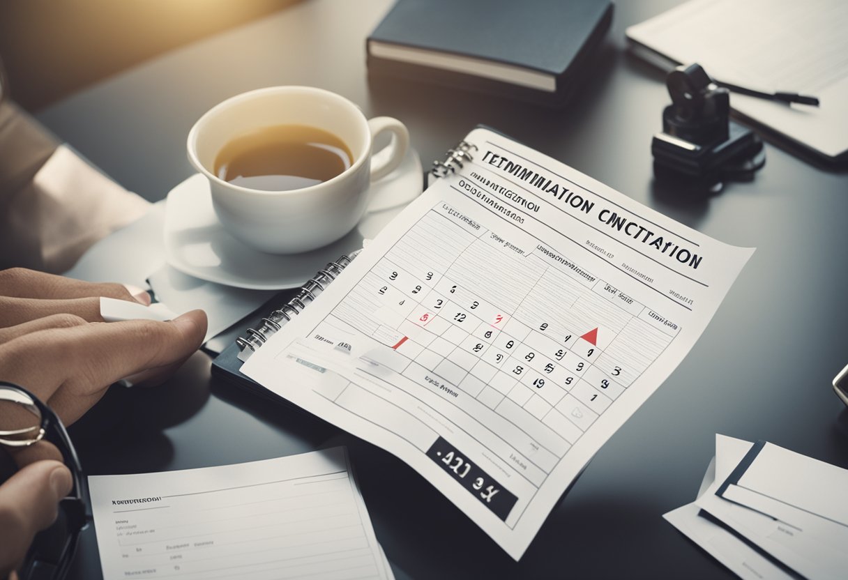 Um funcionário recebendo uma notificação de rescisão de contrato intermitente, com um calendário e um relógio ao fundo.