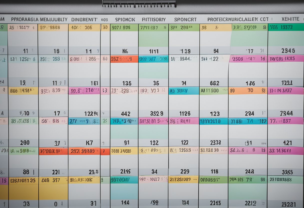 Um calendário com turnos de trabalho esporádicos marcados em cores diferentes, ilustrando a imprevisibilidade do período de aviso do contrato intermitente.