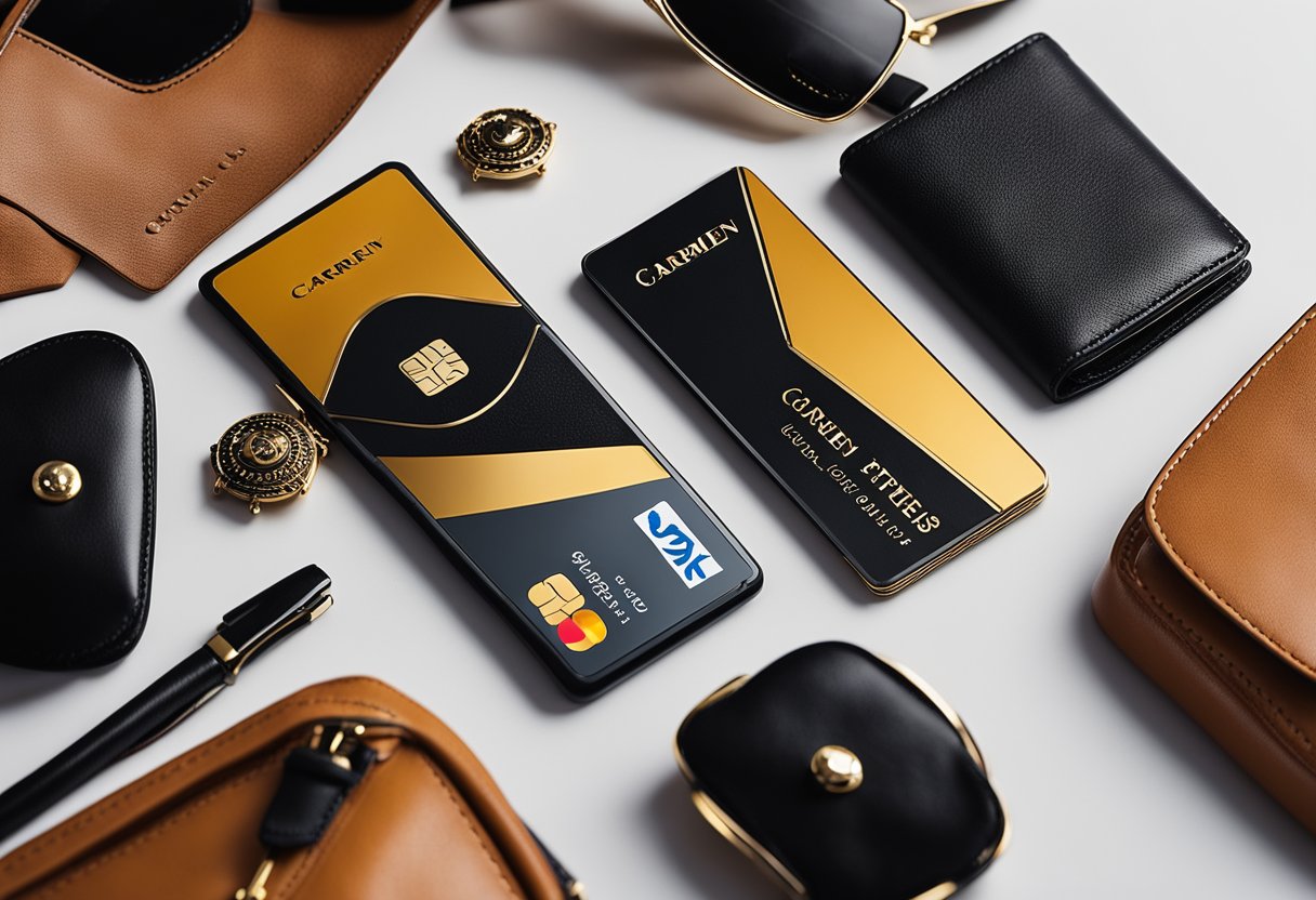 Um elegante cartão de crédito Carmen Steffens está sobre uma mesa moderna e sofisticada, cercado por acessórios de couro luxuosos e itens de moda de alta qualidade.