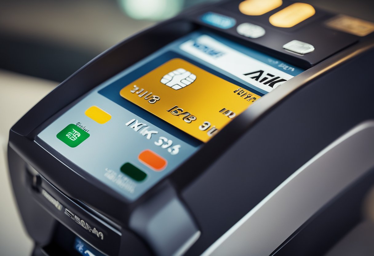 Um cartão Lanistar elegante sendo passado em um terminal de pagamento moderno