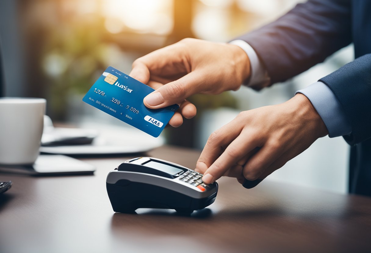 Uma pessoa recebendo um cartão Lanistar de um representante, com o cartão sendo ativado e usado para uma compra.