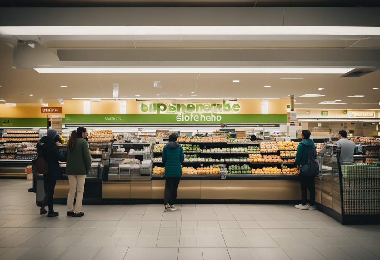 Um supermercado movimentado com clientes usando um cartão Supermercado BH para fazer compras no caixa.