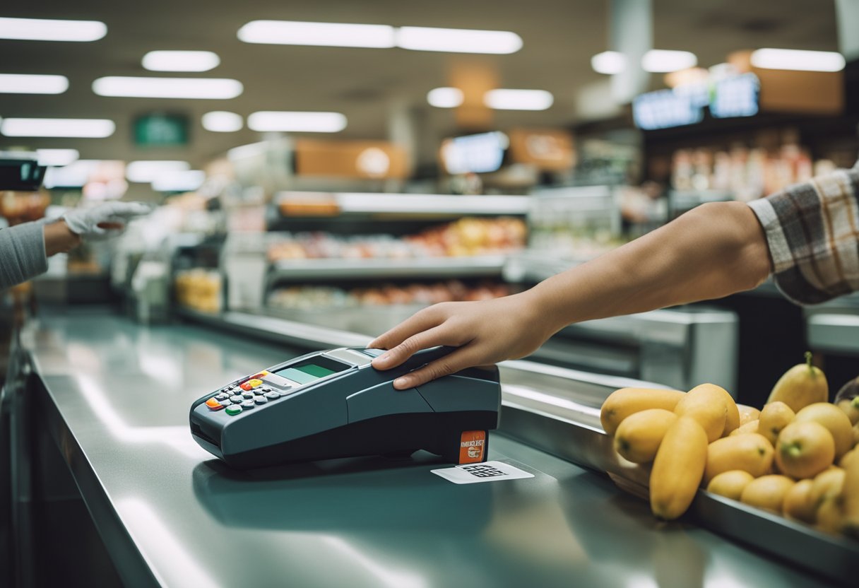Uma pessoa passando um cartão do Supermercado BH no caixa