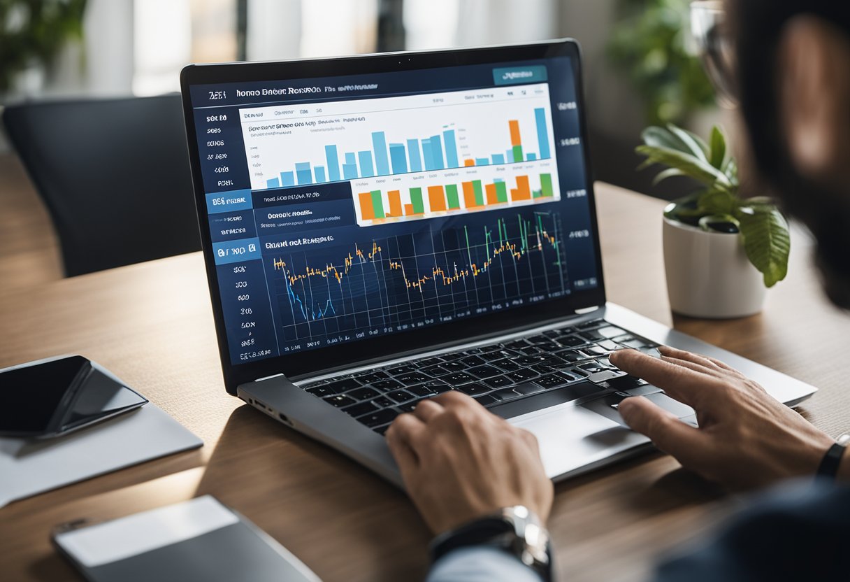 Uma pessoa usando um laptop para acessar a plataforma home broker do Banco Inter, com gráficos e dados de ações exibidos na tela.