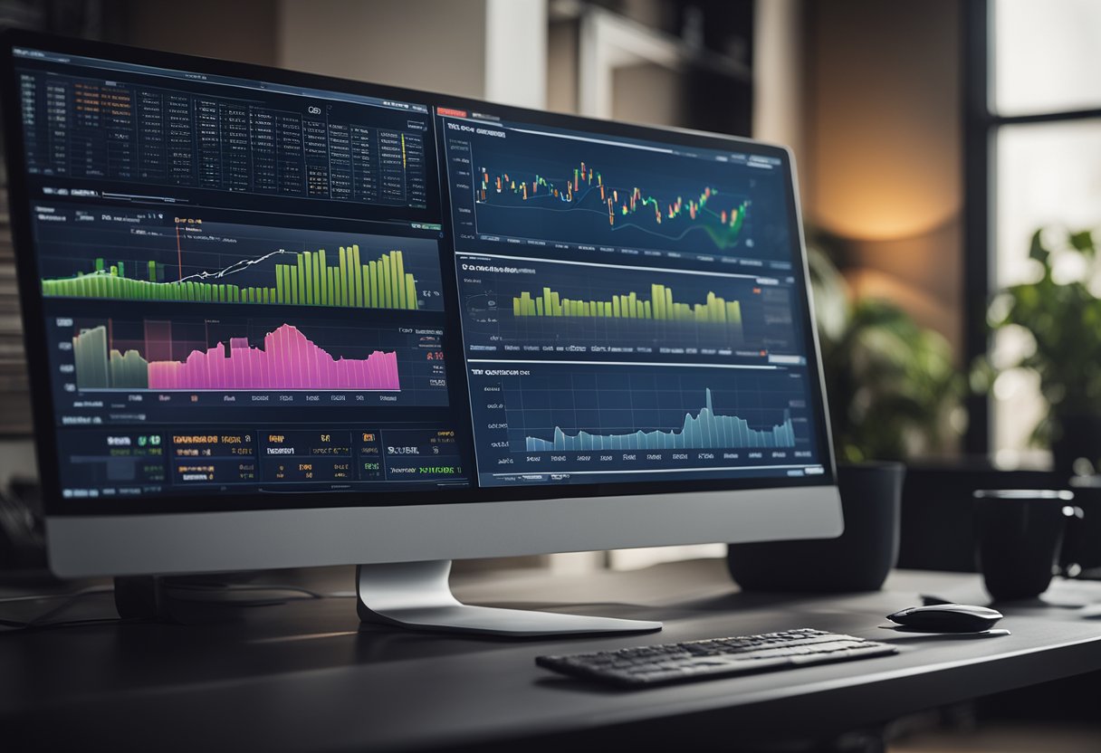 Uma tela de computador exibindo a plataforma home broker do Banco Inter com gráficos, tabelas e opções de negociação