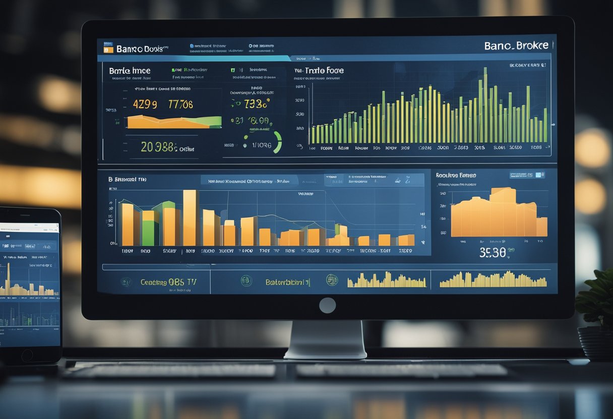 Uma tela de computador exibe a interface do home broker do Banco Inter, com gráficos, tabelas e opções de negociação visíveis.