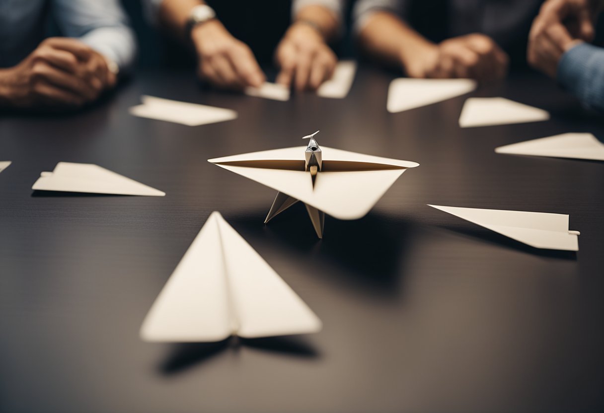 Um grupo de pessoas senta-se ao redor de uma mesa com um pequeno avião de papel na mão, revezando-se para lançá-lo em direção a um alvo no chão.