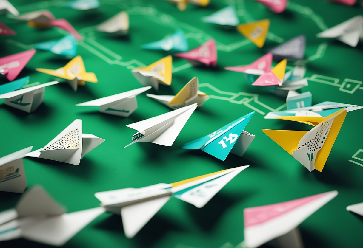 Um grupo de aviões de papel coloridos voando por um labirinto de odds de apostas e símbolos esportivos, com o logo da Bet365 em destaque ao fundo.