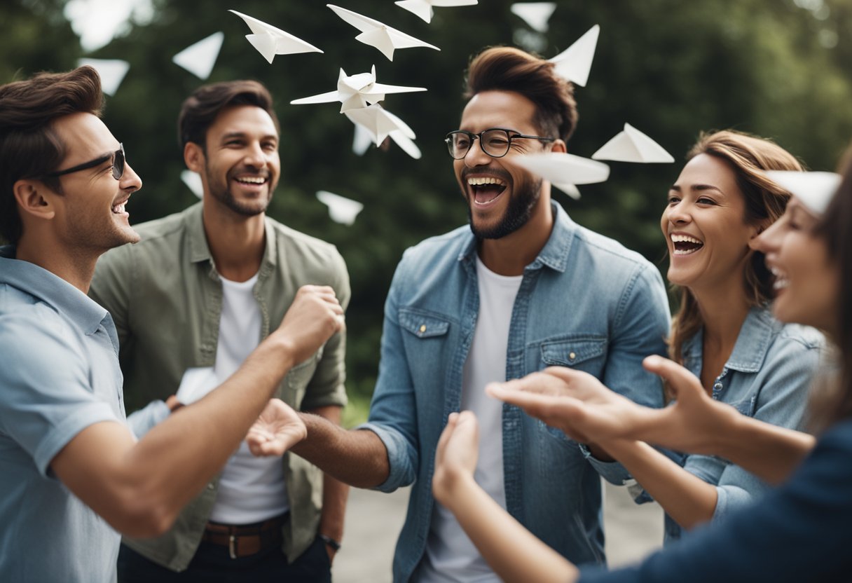 Um grupo de pessoas se reuniu em um círculo, jogando um avião de papel de um lado para o outro. Risadas e empolgação enchem o ar.