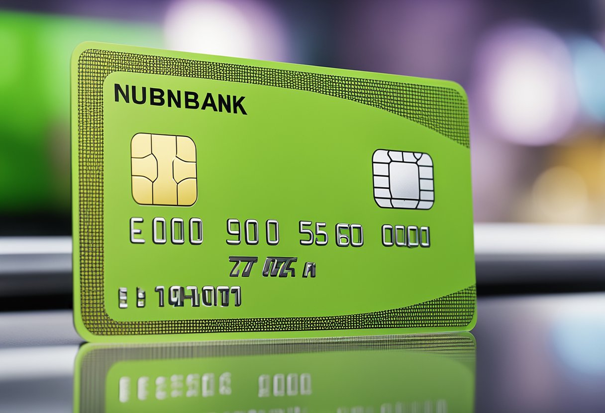 Um cartão Nubank com um limite pré-aprovado é passado no caixa de uma loja, com um check verde aparecendo no cartão.