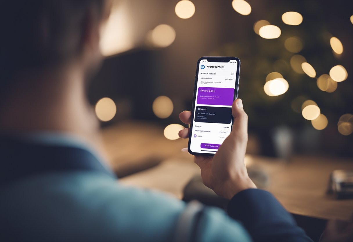 Uma pessoa recebendo uma notificação de limite de crédito pré-aprovado em seu smartphone do Nubank, com uma marca de verificação indicando aprovação.