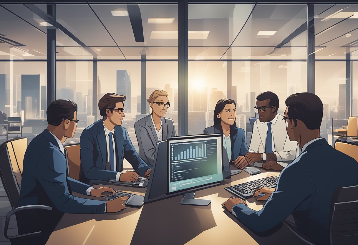 Um grupo de empresários está reunido em torno de uma tela de computador, discutindo e navegando na plataforma NuConta para pessoas jurídicas.