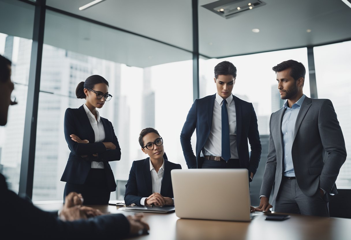 Um grupo de profissionais de negócios se reúne em torno de uma mesa de conferência, discutindo e revisando documentos financeiros e gráficos na tela de um laptop.