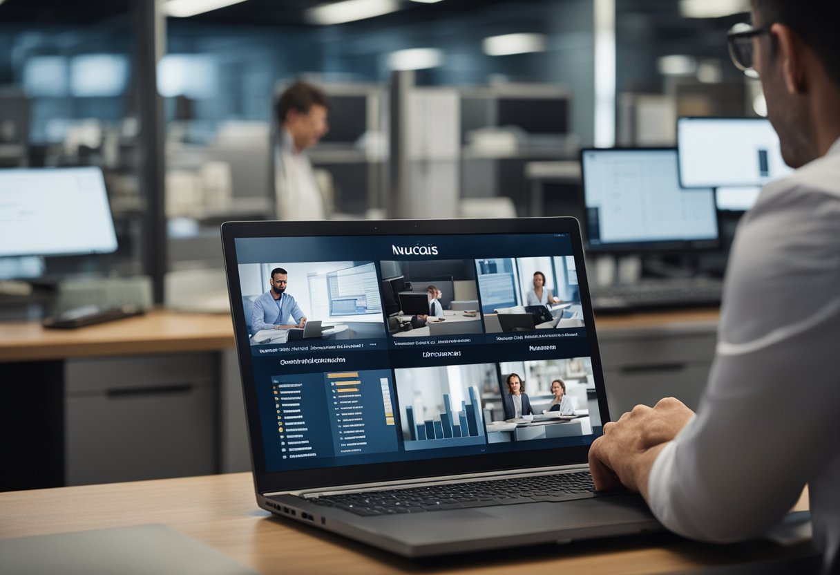 Um proprietário de empresa está sentado em uma mesa, usando um laptop para abrir uma NuConta Empresarial. A tela exibe a interface da NuConta para pessoas jurídicas.