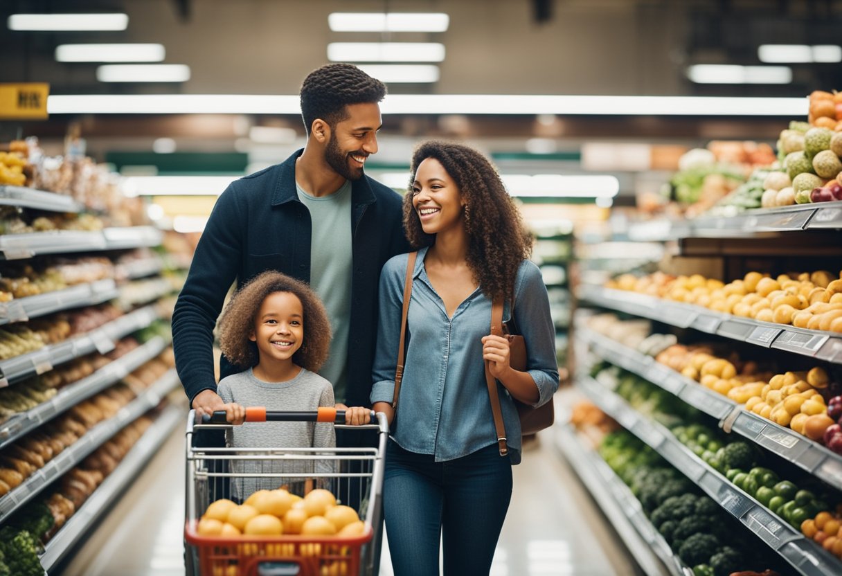 Uma família fazendo compras em um supermercado usando seu GPA Mais Itaucard para ganhar pontos e descontos em suas compras.