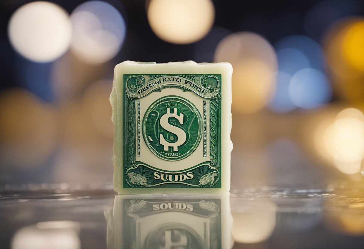 Uma barra de sabão com um centro de plástico transparente contendo dinheiro em papel. Espuma e água ao redor.