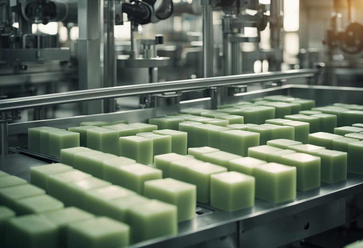 Uma fábrica de sabonetes com esteiras transportadoras e máquinas montando barras de sabonete com dinheiro dentro
