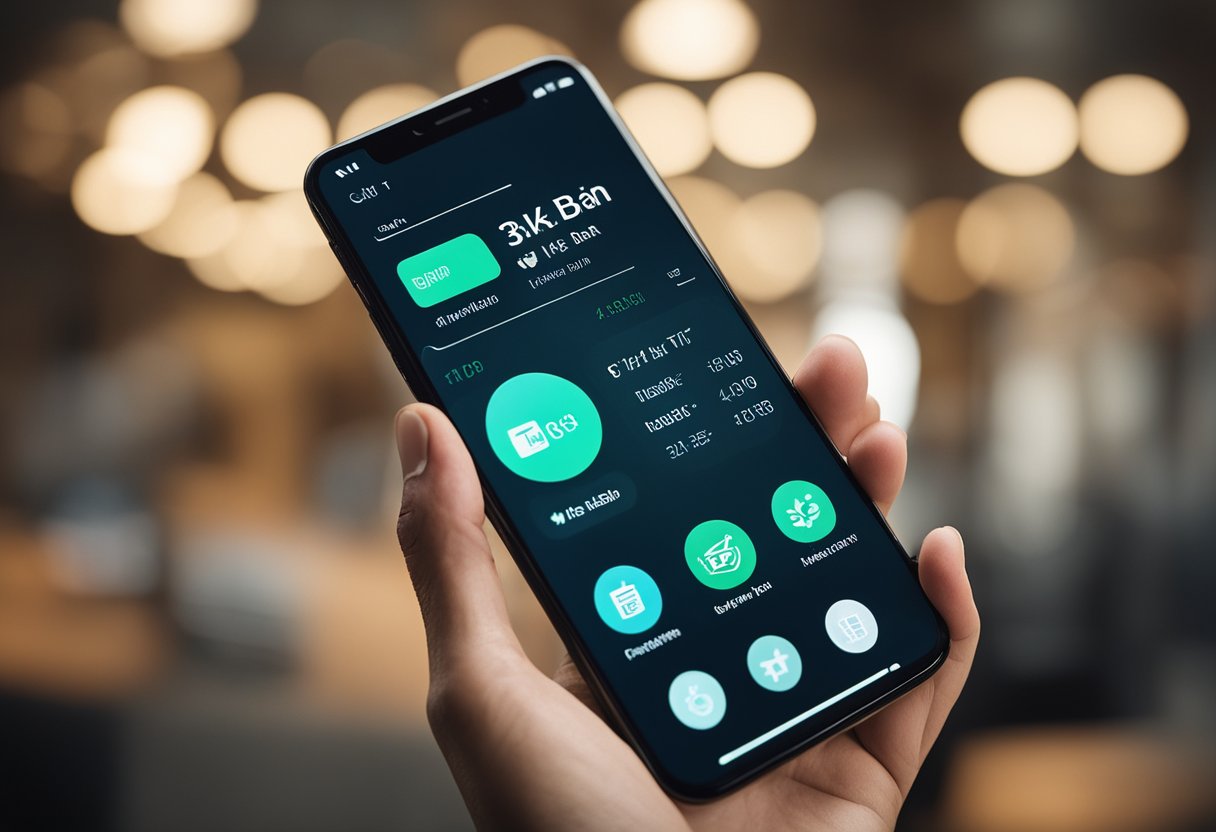 Um smartphone moderno e elegante exibindo a interface do aplicativo Will Bank com várias funcionalidades e opções financeiras.