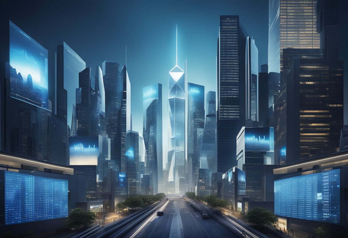 Um horizonte de cidade futurista com um edifício elegante e de alta tecnologia rotulado como "Will Bank", cercado por telas digitais exibindo dados financeiros.