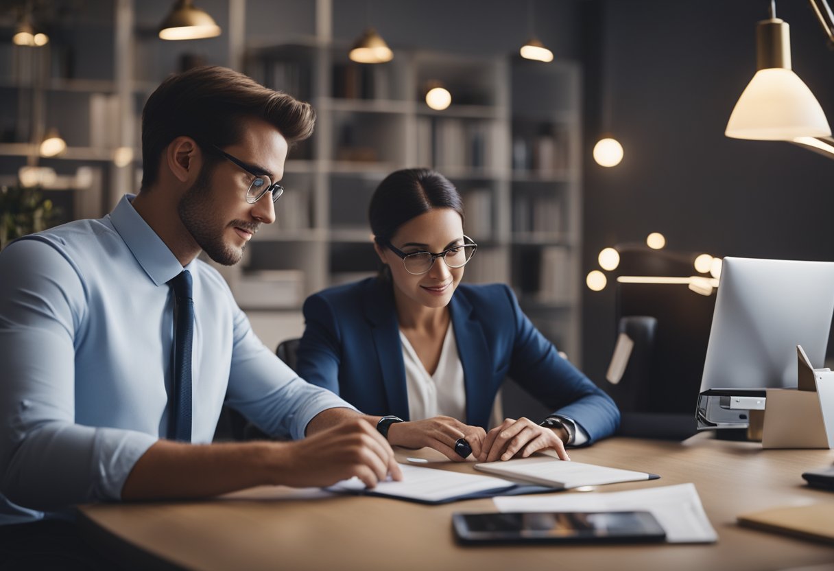 Uma pessoa sentada em uma mesa, usando um computador para abrir uma conta no Will Bank, com um representante ajudando-a.
