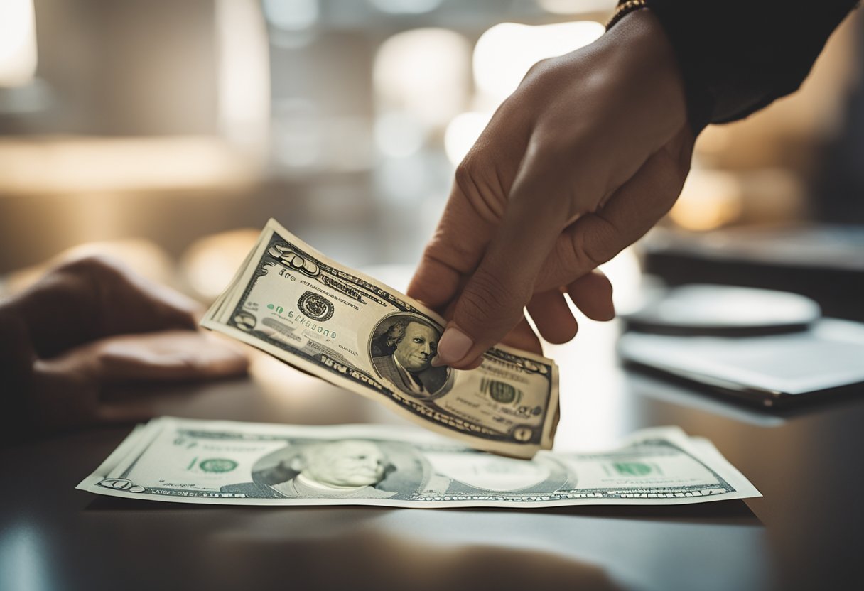 Uma mão se estendendo para receber uma nota de 20 reais da mão de outra pessoa