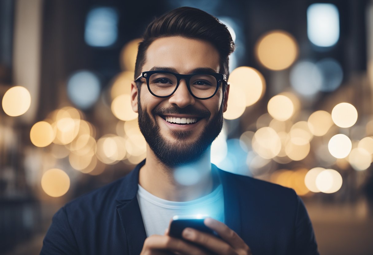 Uma pessoa segurando um smartphone e sorrindo enquanto completa uma pesquisa online para ganhar 500MB de dados de internet.