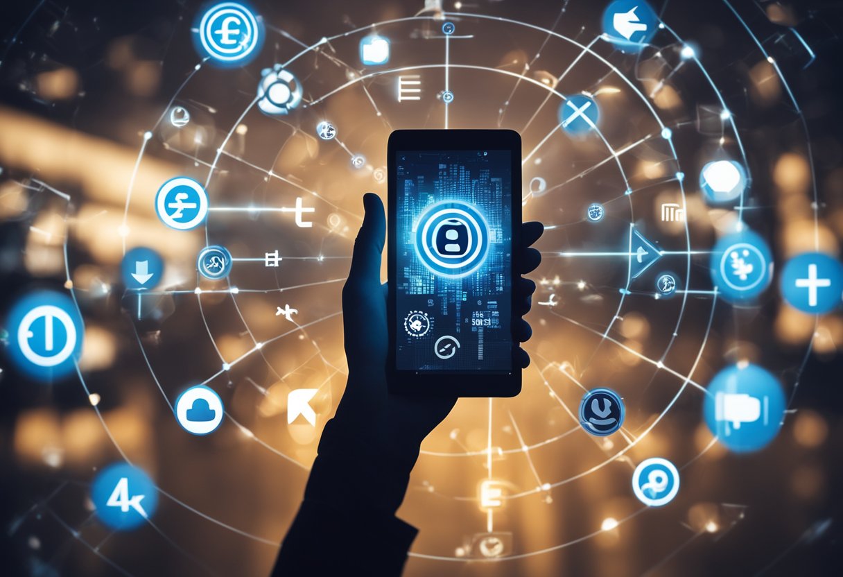 Uma pessoa segurando um smartphone com um ícone de sinal e um sinal de '+', cercada por símbolos representando métodos de dados gratuitos