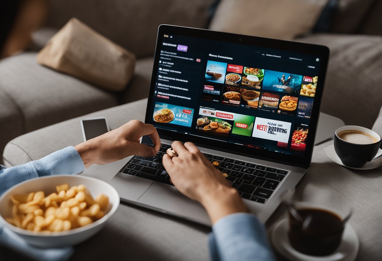 Uma pessoa assistindo Netflix em um sofá aconchegante cercada de petiscos e um laptop com uma busca "Como ganhar dinheiro assistindo Netflix" na tela