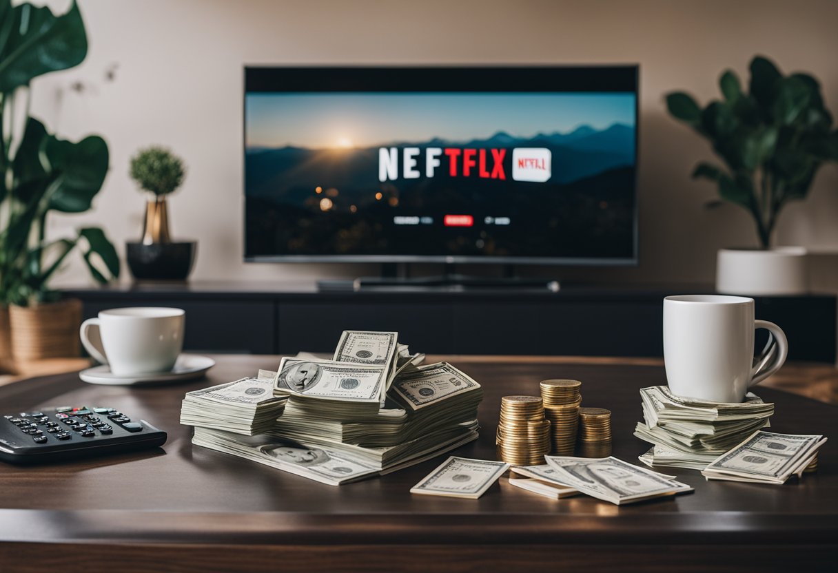 Uma sala de estar aconchegante com uma TV de tela grande exibindo Netflix, enquanto uma pilha de dinheiro cresce na mesa de centro.