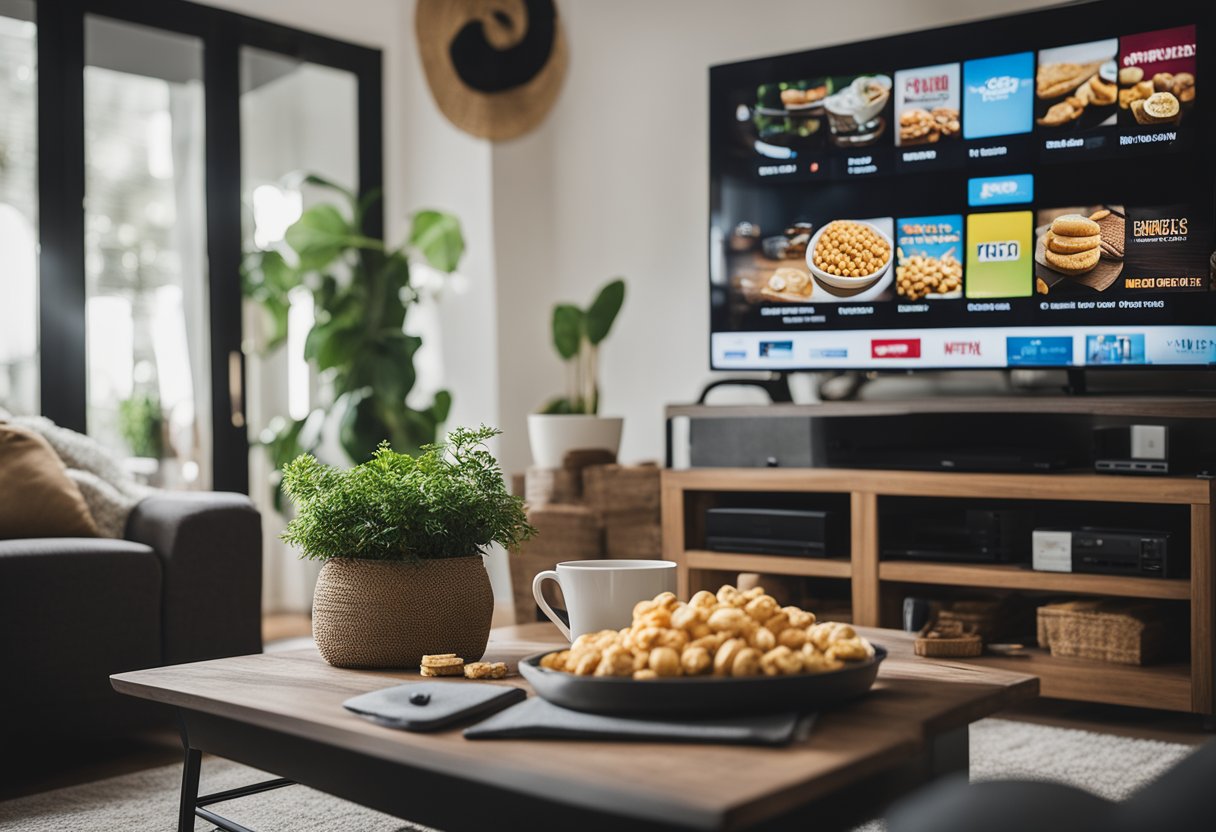 Uma sala de estar aconchegante com uma TV grande passando Netflix, cercada por assentos confortáveis e petiscos. Um laptop ou tablet exibindo dicas para ganhar dinheiro.