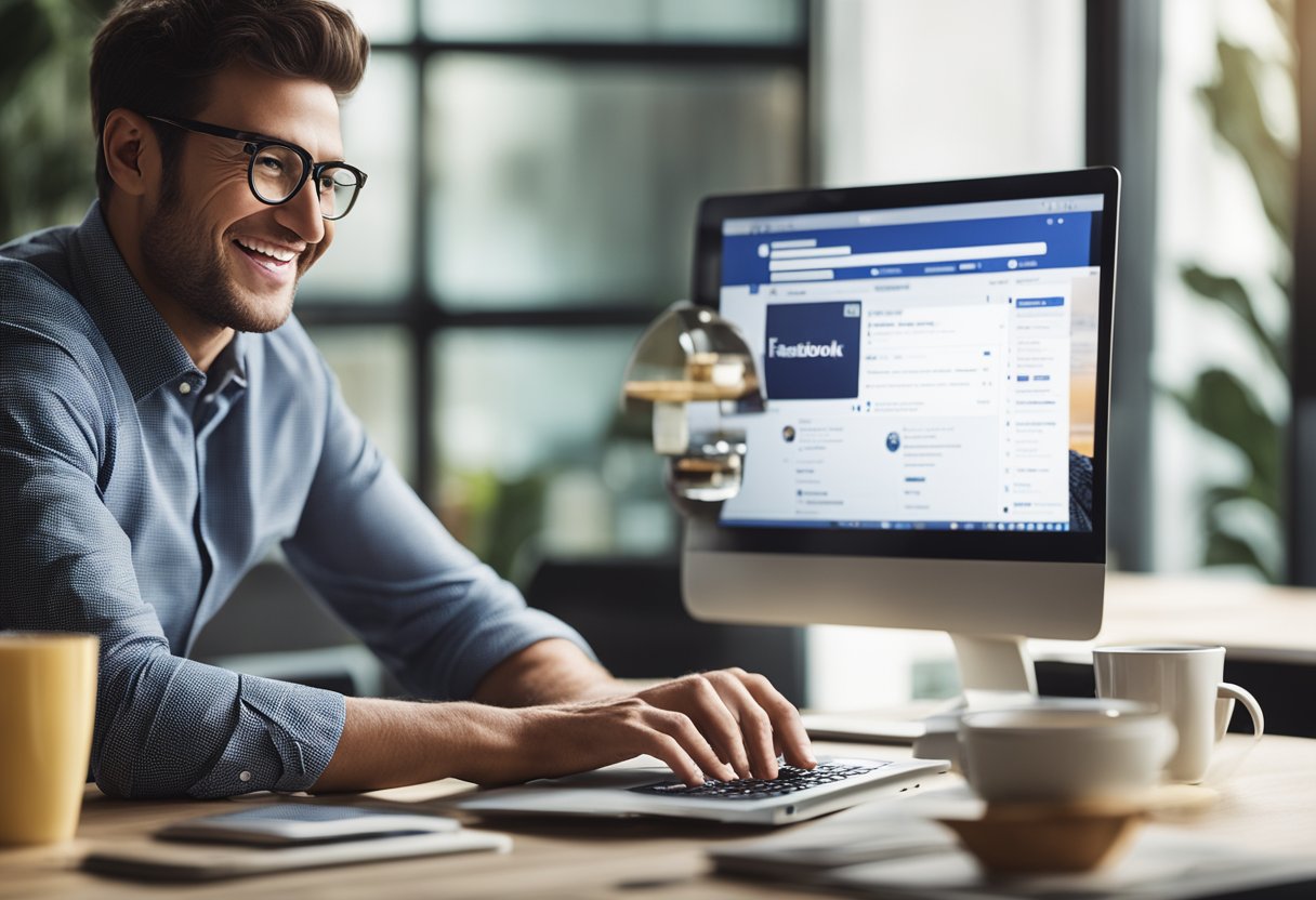 Uma pessoa sentada em uma mesa, usando um laptop para visualizar e avaliar anúncios do Facebook, com uma pilha de dinheiro e uma expressão feliz.