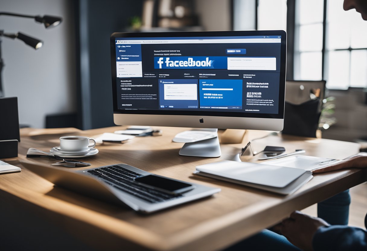 Uma pessoa sentada em uma mesa, usando um laptop para avaliar e analisar anúncios do Facebook para potencial renda.