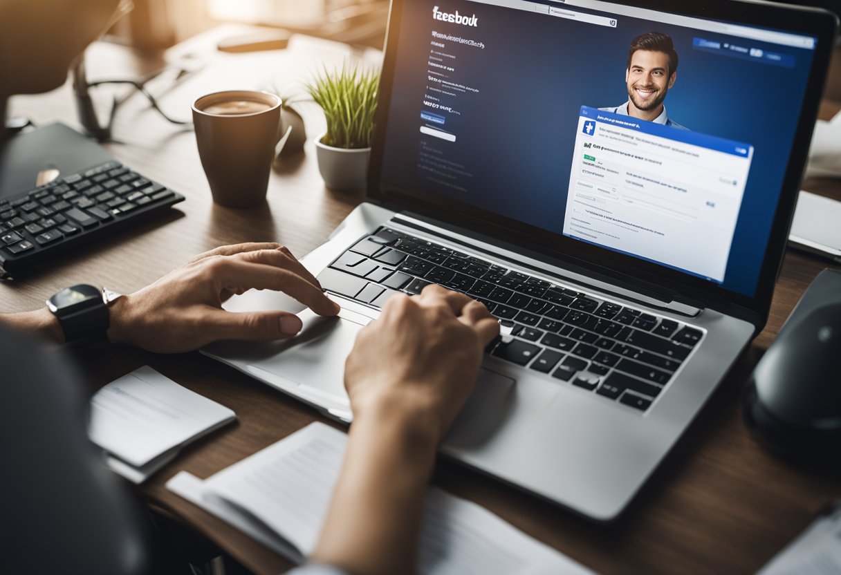 Uma pessoa em uma mesa, configurando uma conta de anúncios no Facebook, com uma tela de computador mostrando o processo de avaliação do anúncio