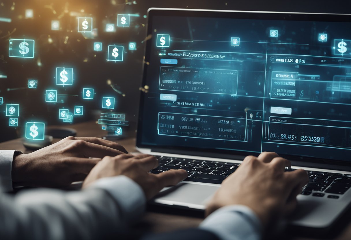 Uma pessoa digitando em um computador enquanto um chatbot na tela interage com vários usuários, com símbolos de dinheiro e notas de dólar flutuando ao redor da tela.