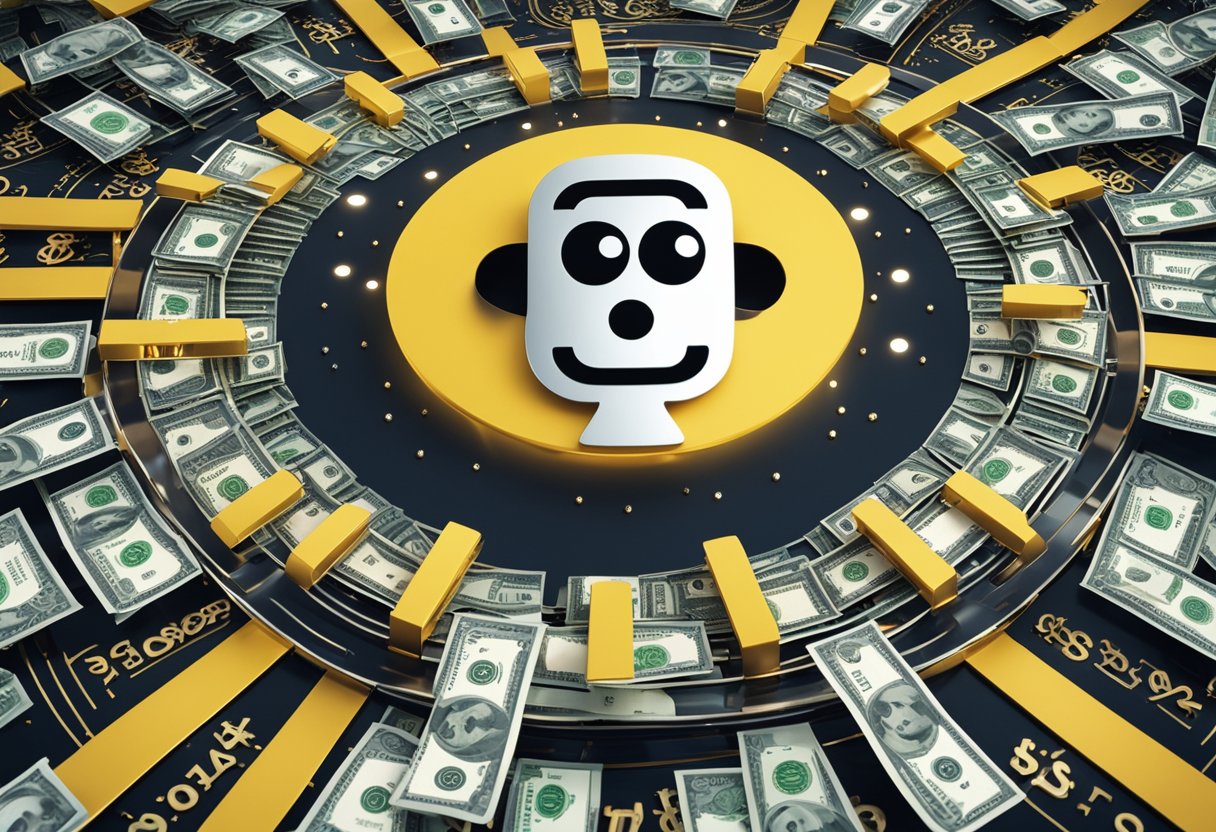 Uma tela de computador exibindo uma interface de chatbot com símbolos de dinheiro e sinais de dólar flutuando ao seu redor