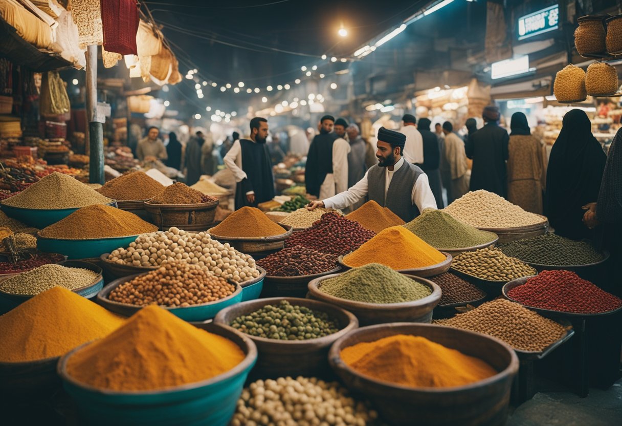 Um mercado movimentado do Oriente Médio com comerciantes negociando mercadorias, têxteis coloridos e especiarias exóticas em exibição