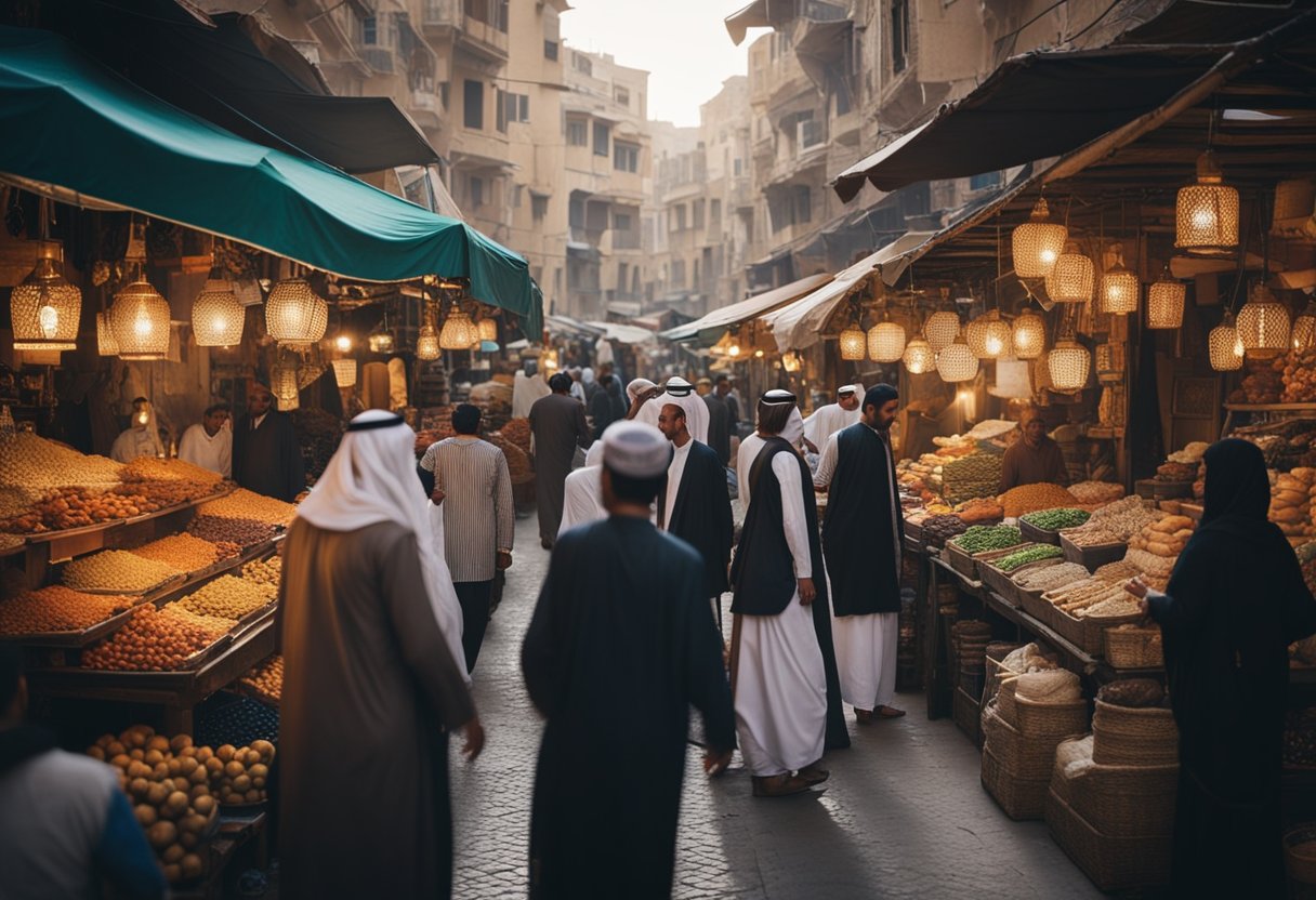 Um mercado movimentado no mundo árabe, com barracas coloridas e comerciantes engajados em conversas animadas, trocando mercadorias e negociando preços.