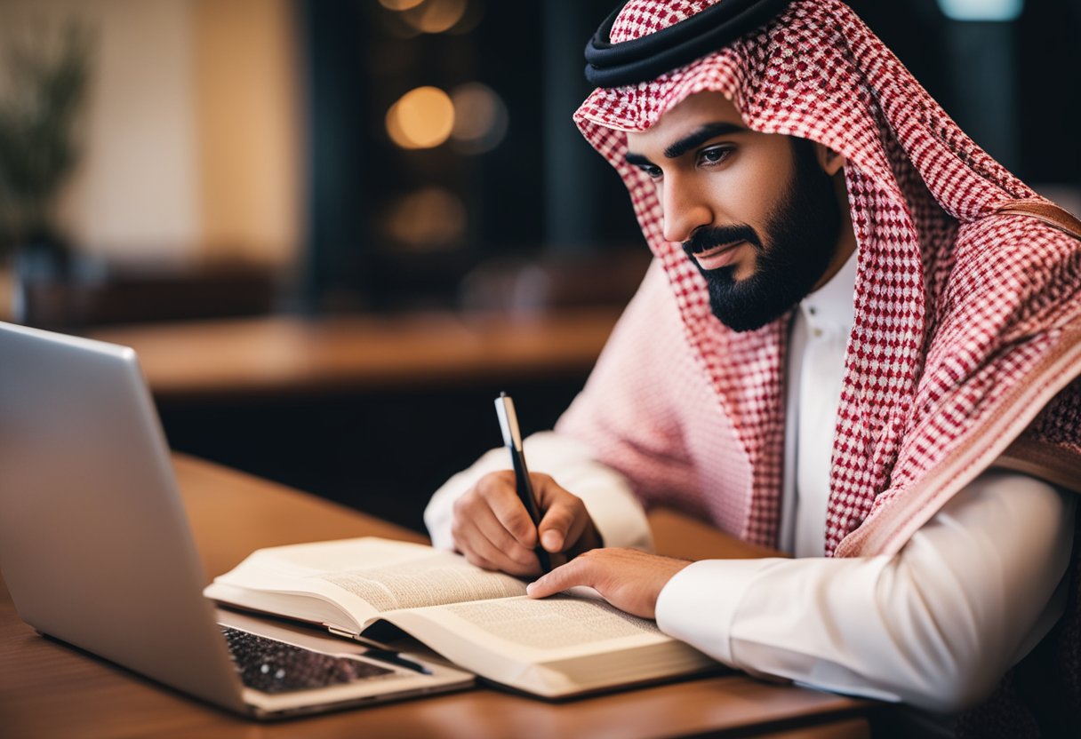 Uma pessoa estudando árabe enquanto participa de conversas de negócios com falantes árabes