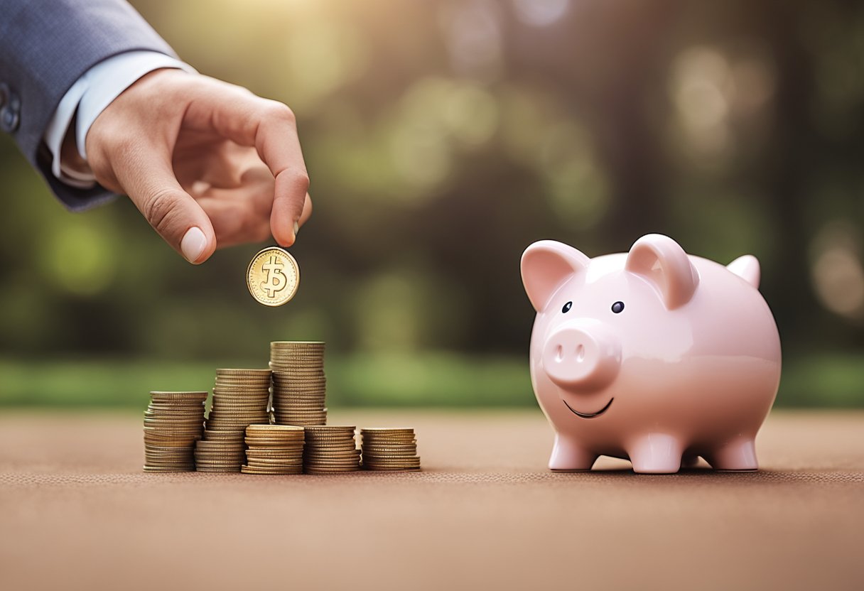 Uma mão deixando cair uma moeda de 5 reais em um porquinho.