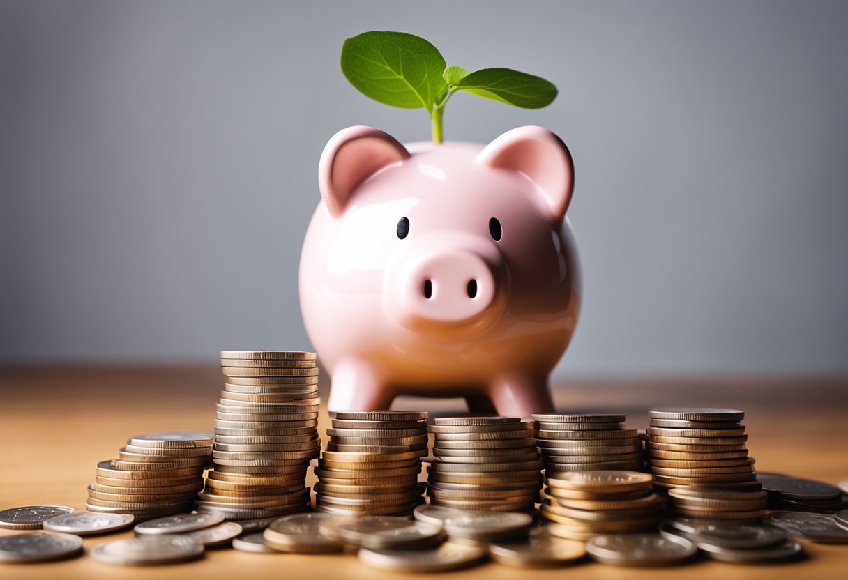 Um porquinho com uma pequena pilha de moedas ao lado, cercado por símbolos de crescimento e investimento, como um gráfico ou uma planta brotando de uma pilha de moedas.