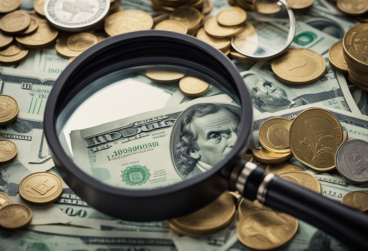 Uma pilha de moedas e notas com uma lupa pairando sobre elas, simbolizando opções de investimento com foco em ganhar dinheiro com apenas 5 reais.