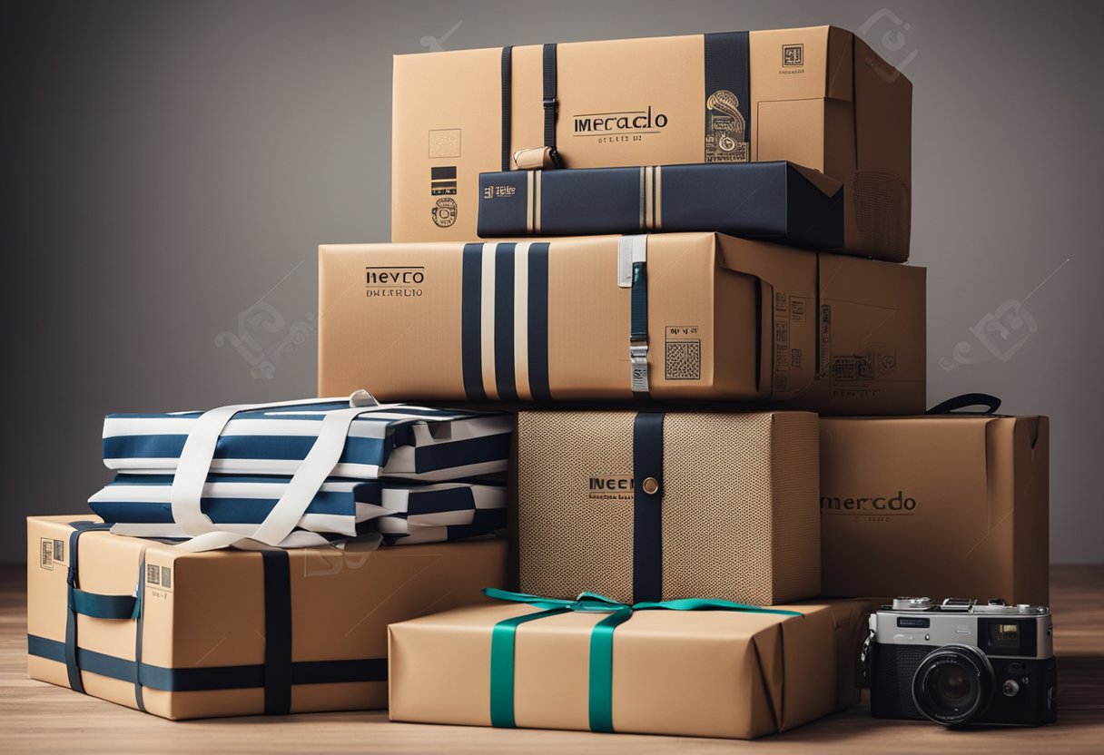 Uma pilha de pacotes com o logotipo do Mercado Livre, cercada por vários itens à venda, incluindo eletrônicos, roupas e acessórios