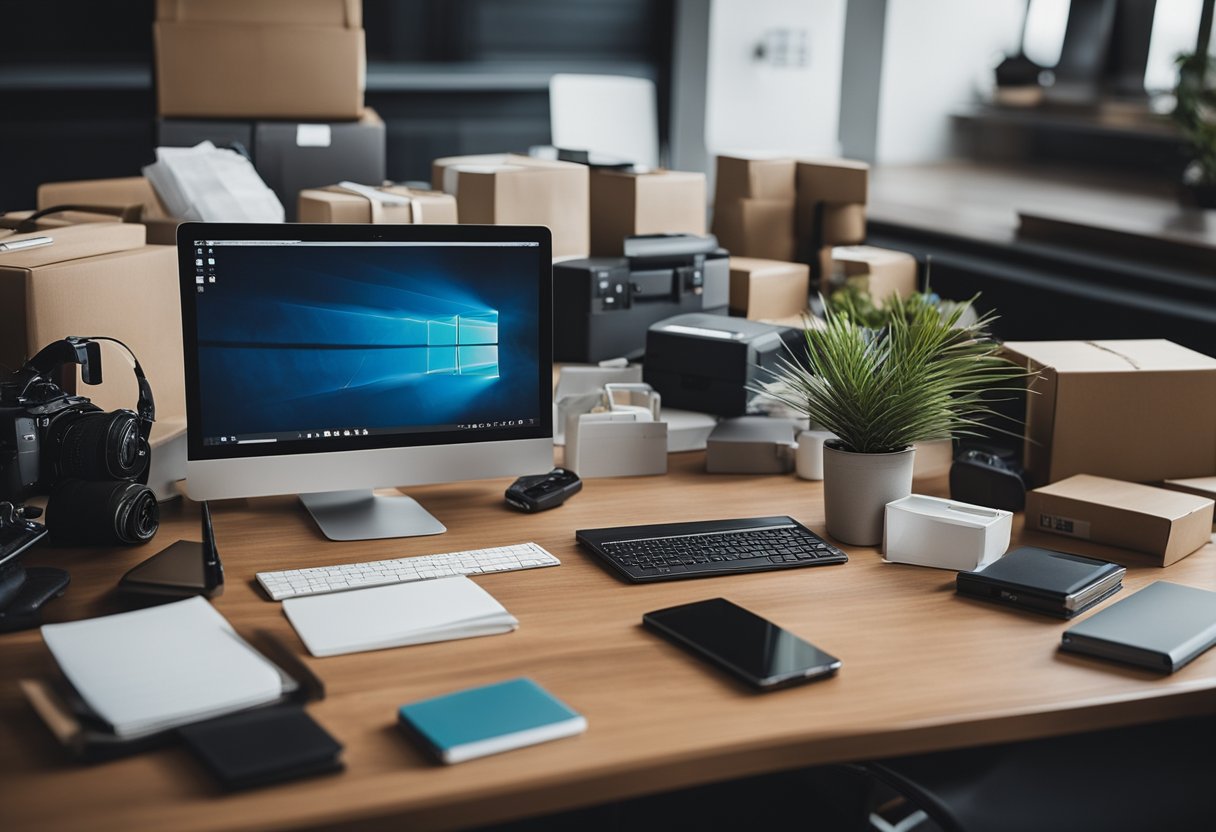 Uma mesa bagunçada com um laptop, materiais de embalagem e vários produtos prontos para venda no Mercado Livre