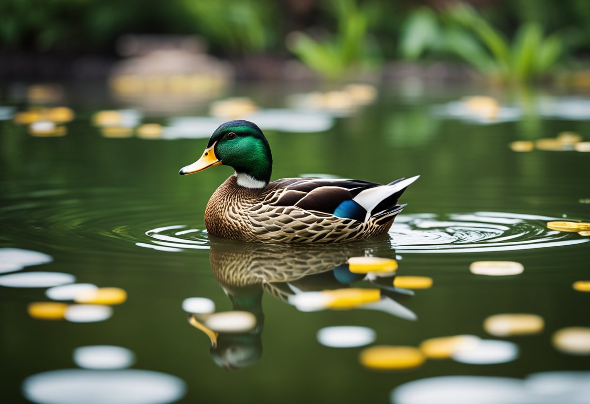 Um pato nadando em um lago cercado por vegetação exuberante, com algumas moedas de ouro flutuando na superfície da água.