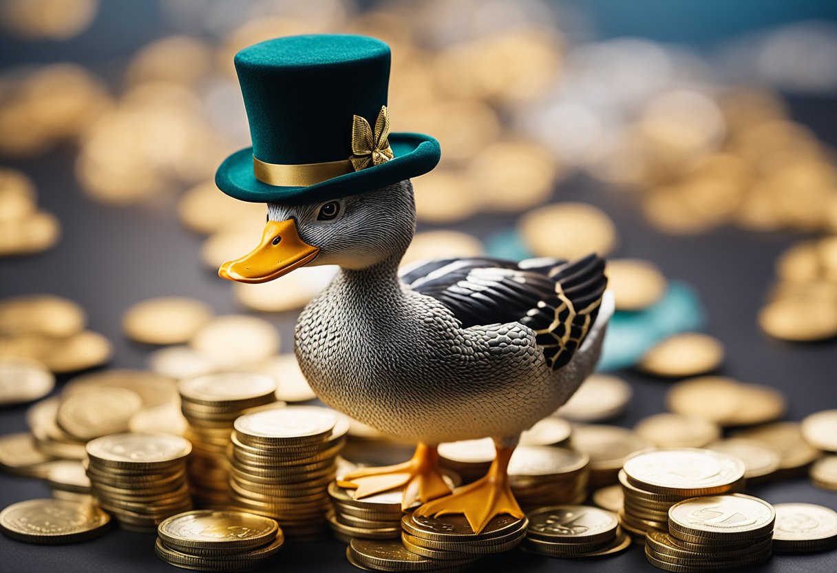 Um pato usando um chapéu de cilindro e segurando um saco de dinheiro, cercado por moedas de ouro e notas de dólar