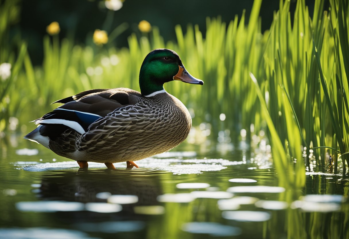 Um pato anda de um lado para o outro em um lago, cercado por juncos e flores verdes vibrantes. A luz do sol filtra através das árvores, projetando sombras mescladas na água.