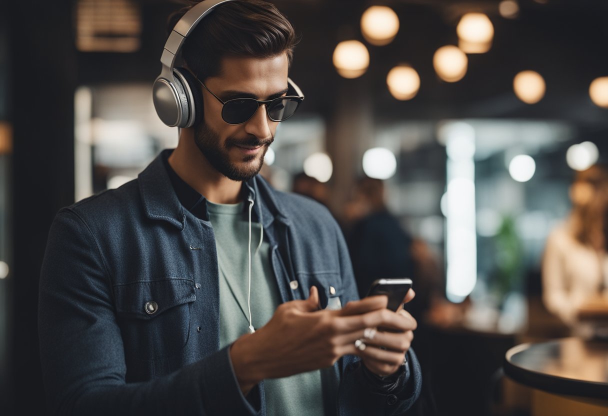 Uma pessoa ouvindo música enquanto recebe dinheiro através de um aplicativo de pagamento móvel