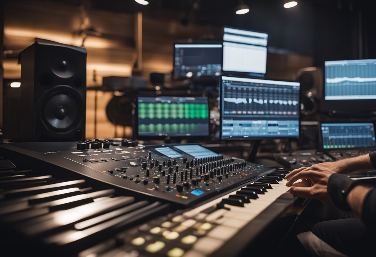 Um músico tocando instrumentos em um estúdio, com um computador exibindo streaming de música e análises de receita.