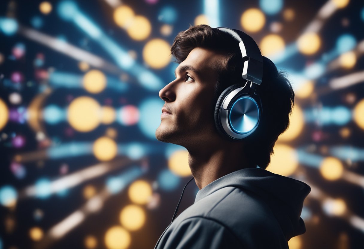 Uma pessoa ouvindo música em vários sites e aplicativos, com símbolos de dinheiro e notas musicais flutuando ao seu redor.